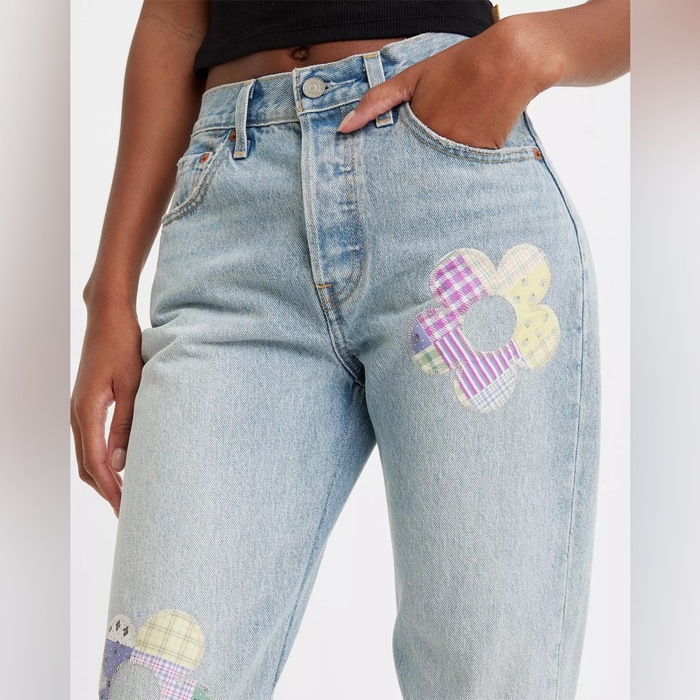 Levi's 501 Premium Light‎ Blue High Rise Jeans Floral Daisy Patchwork Size 28